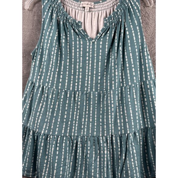 Teal Sleeveless Tiered Ruffle Top With White Dotted Stripes V-Neck By Wonderly - Picture 4 of 8
